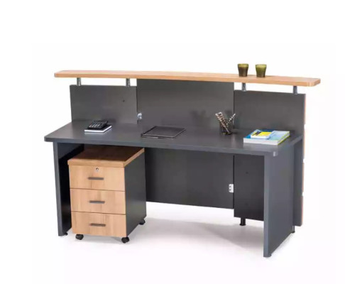Moderno bancone d'accoglienza con cassettiera in legno grigio, mobili per ufficio nuovi.