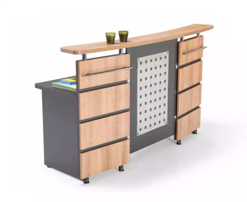 Moderno bancone d'accoglienza con cassettiera in legno grigio, mobili per ufficio nuovi.