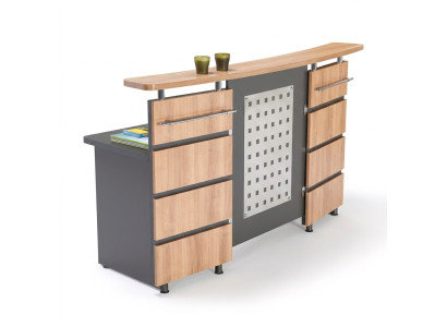 Moderno bancone d'accoglienza con cassettiera in legno grigio, mobili per ufficio nuovi.