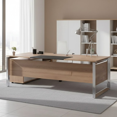 Scrivania marrone moderna, mobili per ufficio in legno, design per lo studio, stile.