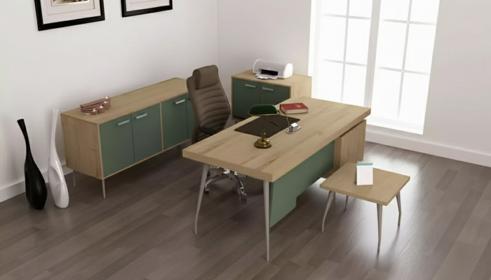 Arredamento per ufficio 4 pezzi. Set scrivania armadietto schedario comodino tavolino