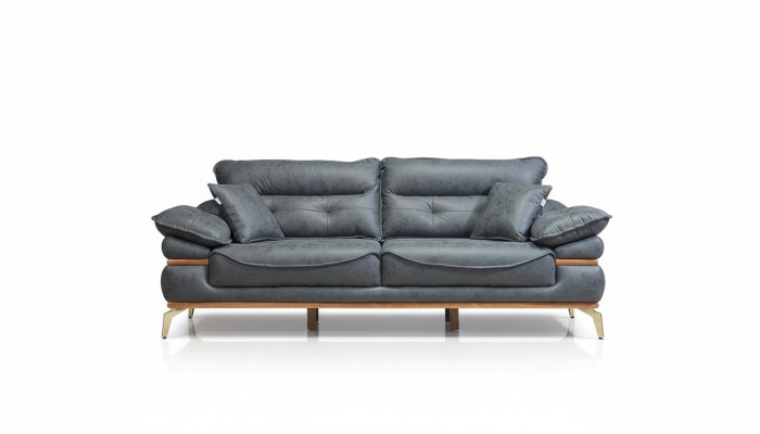 Moderno soggiorno grigio di design con divano a 3 posti e poltrona nuova.