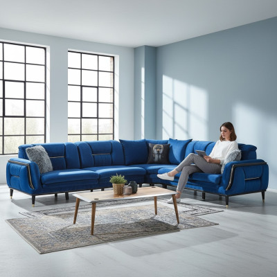 Divano ad angolo in tessuto blu a L, design poltrona imbottita, mobili da seduta abitativi.