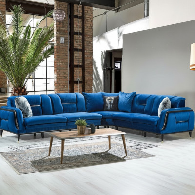 Divano ad angolo in tessuto blu a L, design poltrona imbottita, mobili da seduta abitativi.