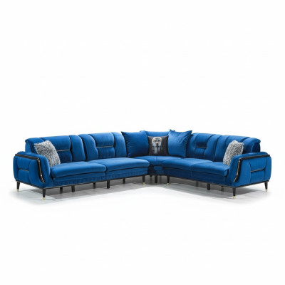 Divano ad angolo in tessuto blu a L, design poltrona imbottita, mobili da seduta abitativi.