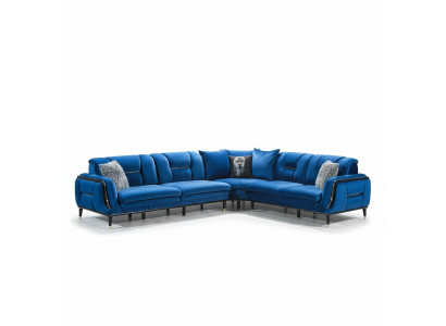 Divano ad angolo in tessuto blu a L, design poltrona imbottita, mobili da seduta abitativi.