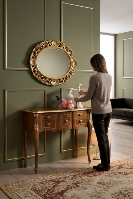 Tavolo console classico in legno marrone, arredo per la sala da pranzo, mobili design.