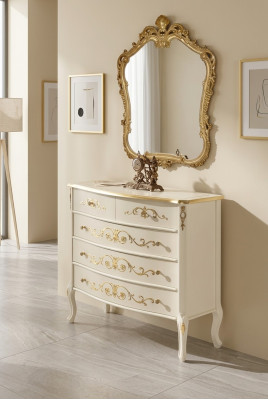 Soggiorno classico bianco in legno, cassettiera console con cassetti, design moderno.