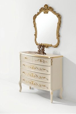Soggiorno classico bianco in legno, cassettiera console con cassetti, design moderno.