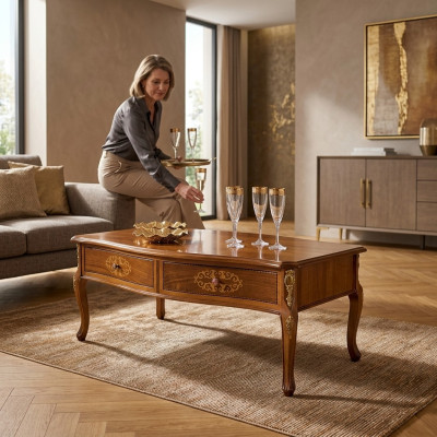 Tavolino classico in legno marrone con design di lusso e cassetti - nuovo.