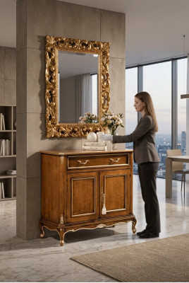 Soggiorno mobili marrone credenza in legno madia a due ante cassetto.