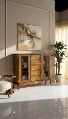 Esclusiva vetrina in legno marrone con cassetti in stile classico.