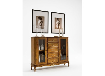 Esclusiva vetrina in legno marrone con cassetti in stile classico.