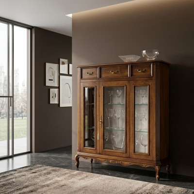 Design classico di mobili Vetrina marrone Vetrina di vetro elegante lussuosa nuova.