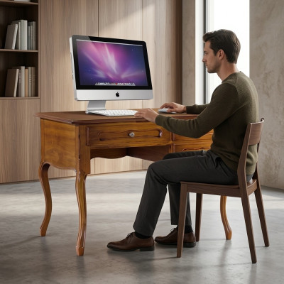 Scrivania classica in legno marrone per ufficio con cassetti.