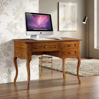 Scrivania classica in legno marrone per ufficio con cassetti.