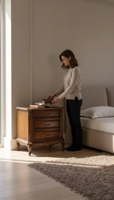 Classico comodino marrone con cassetti, tavolino da appoggio, mobili da camera da letto