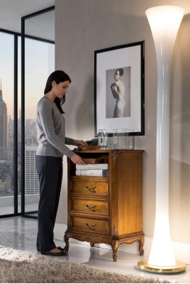 Comò classico in legno marrone per soggiorno con 3 cassetti e lampada design.