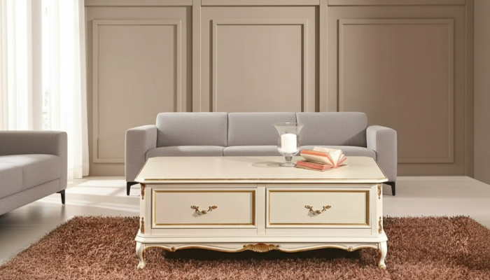 Tavolino da salotto di lusso bianco di design per il soggiorno, classico tavolo in legno.