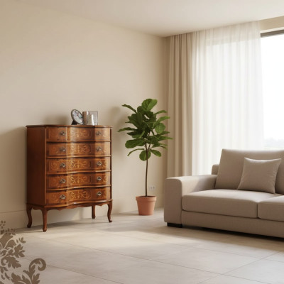 Classico comò marrone a cinque ante e cassetti, mobili in legno di design nuovi.