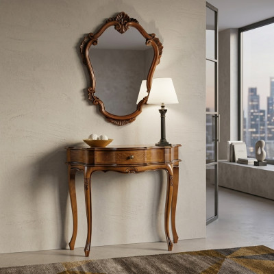 Elegante console marrone con specchio, classico set da camera da letto.