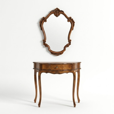 Elegante console marrone con specchio, classico set da camera da letto.