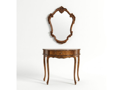 Elegante console marrone con specchio, classico set da camera da letto.