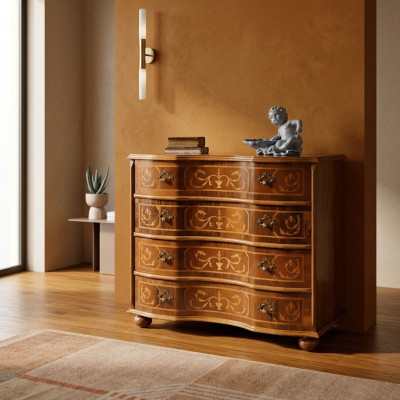 Classico armadietto in legno marrone con cassetti, design per il soggiorno.