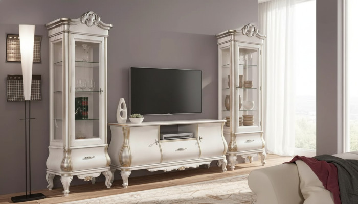 Classico mobile TV bianco con 2 vetrine Elegante set 3 pezzi Armadio