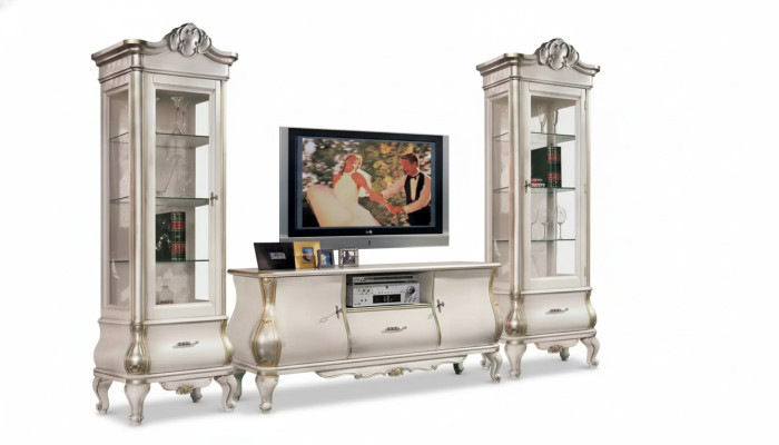Classico mobile TV bianco con 2 vetrine Elegante set 3 pezzi Armadio