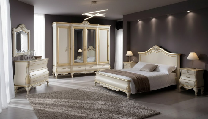 Set camera da letto Letto 2 comodini Armadio Guardaroba Comò Specchio