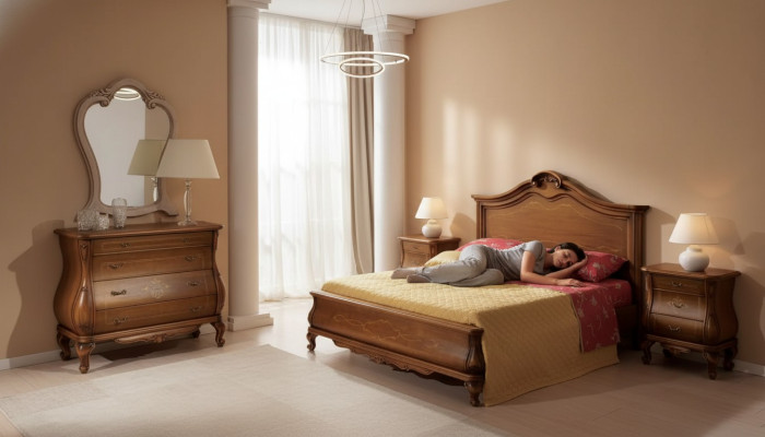 Set da camera da letto marrone con letto, 2 comodini, cassettiera, specchio - stile classico