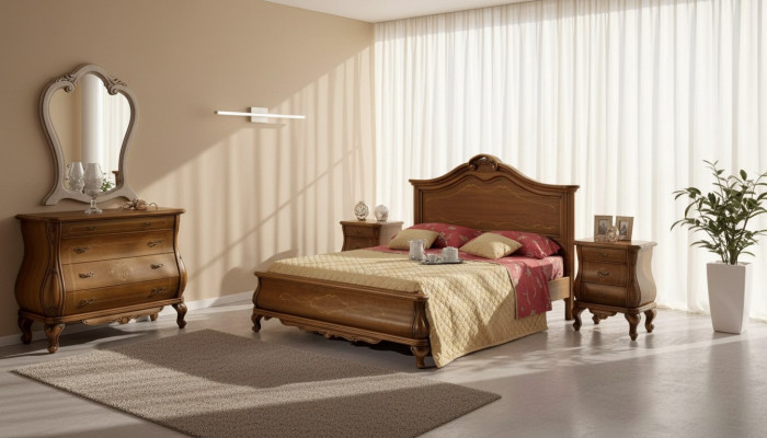 Set da camera da letto marrone con letto, 2 comodini, cassettiera, specchio - stile classico