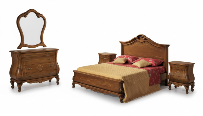 Set da camera da letto marrone con letto, 2 comodini, cassettiera, specchio - stile classico