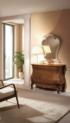 Comò per camera da letto con specchio, set di mobili classici di lusso in legno, 2 pezzi.