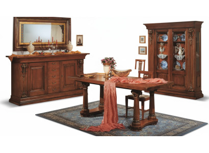 Set da sala da pranzo, tavolo da pranzo, cassettiera, vetrina, specchio, mobili classici di lusso