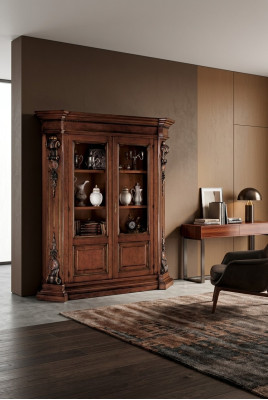 Libreria in legno massello marrone, mobile per soggiorno, armadio di lusso marrone.
