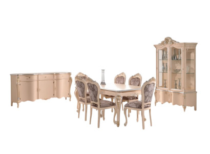 Mobili da sala da pranzo, tavolo da pranzo, vetrina, cassettiera, 4 sedie, set tavolo e sedie 7 pezzi.