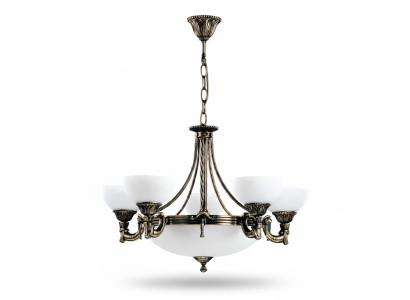 Lampadario a soffitto in vetro bianco con lume a soglia e lampadario.