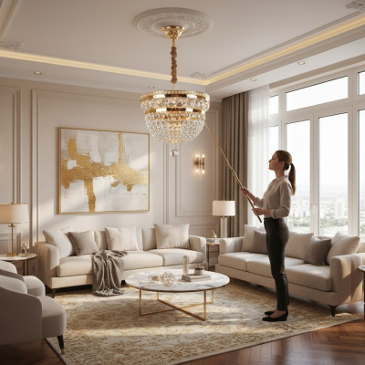Lampadario a soffitto di lusso circolare in oro e cristallo.