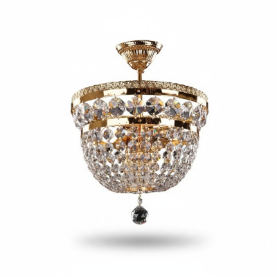 Lampadario a soffitto di lusso circolare in oro e cristallo.