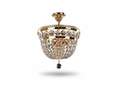 Lampadario a soffitto di lusso circolare in oro e cristallo.