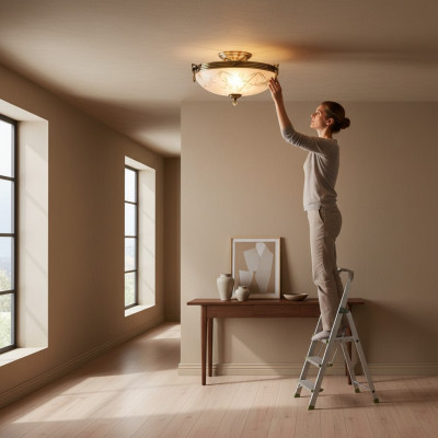 Lampadario grigio a soffitto con lampadario a soffitto in vetro e oro.