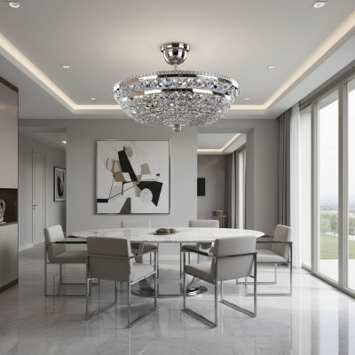 Lampadario a soffitto di lusso in argento rotondo, lampadario argentato di lusso con cristalli a risvolto.