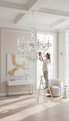 Lampadario di lusso a soffitto con pendenti di cristallo bianco.