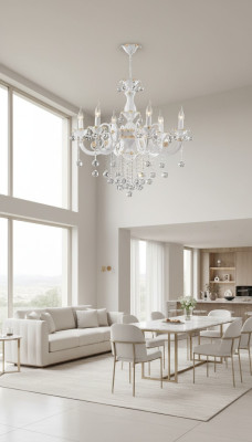 Lampadario di lusso a soffitto con pendenti di cristallo bianco.