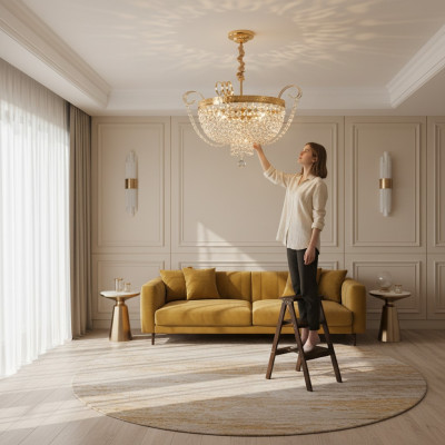 Lampadario a soffitto di lusso, lampadario, lampada a soffitto di cristallo d'oro