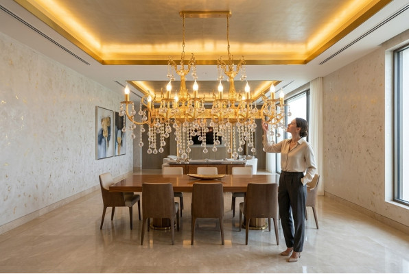 Lampadario di lusso in oro con lampadario a soffitto in cristallo.