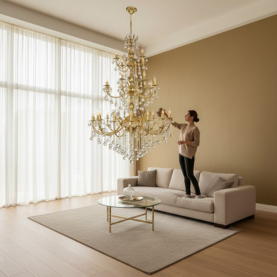 Lampadario a sospensione xxl di lusso in oro con cristalli.