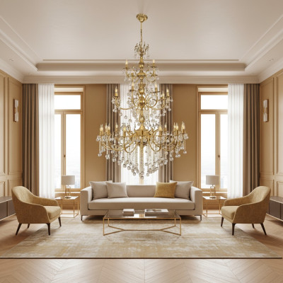 Lampadario a sospensione xxl di lusso in oro con cristalli.